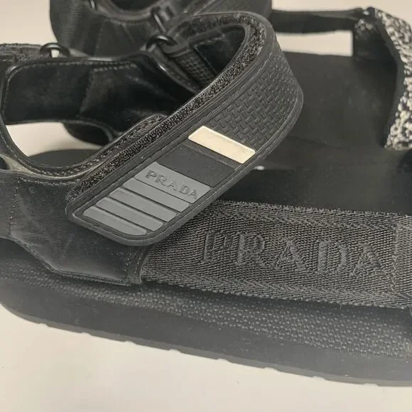 Prada Nomad Velcro Strap Dad Sandal Black Chunky Flat Platform Flatform EU 38.5
